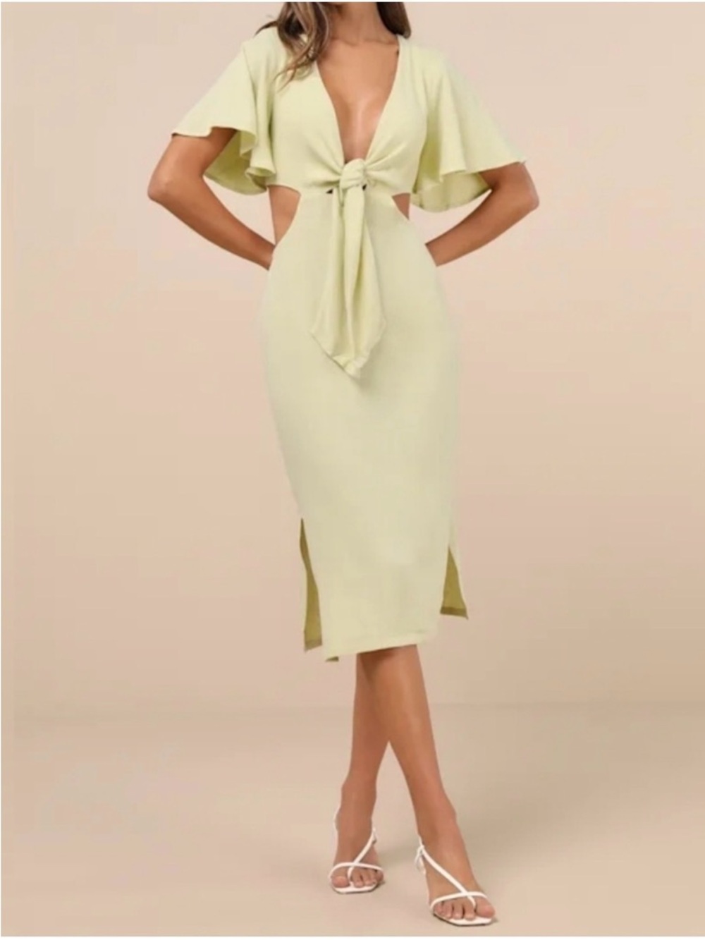 Vici Tie-Front Midi Dress in Yellow-Green